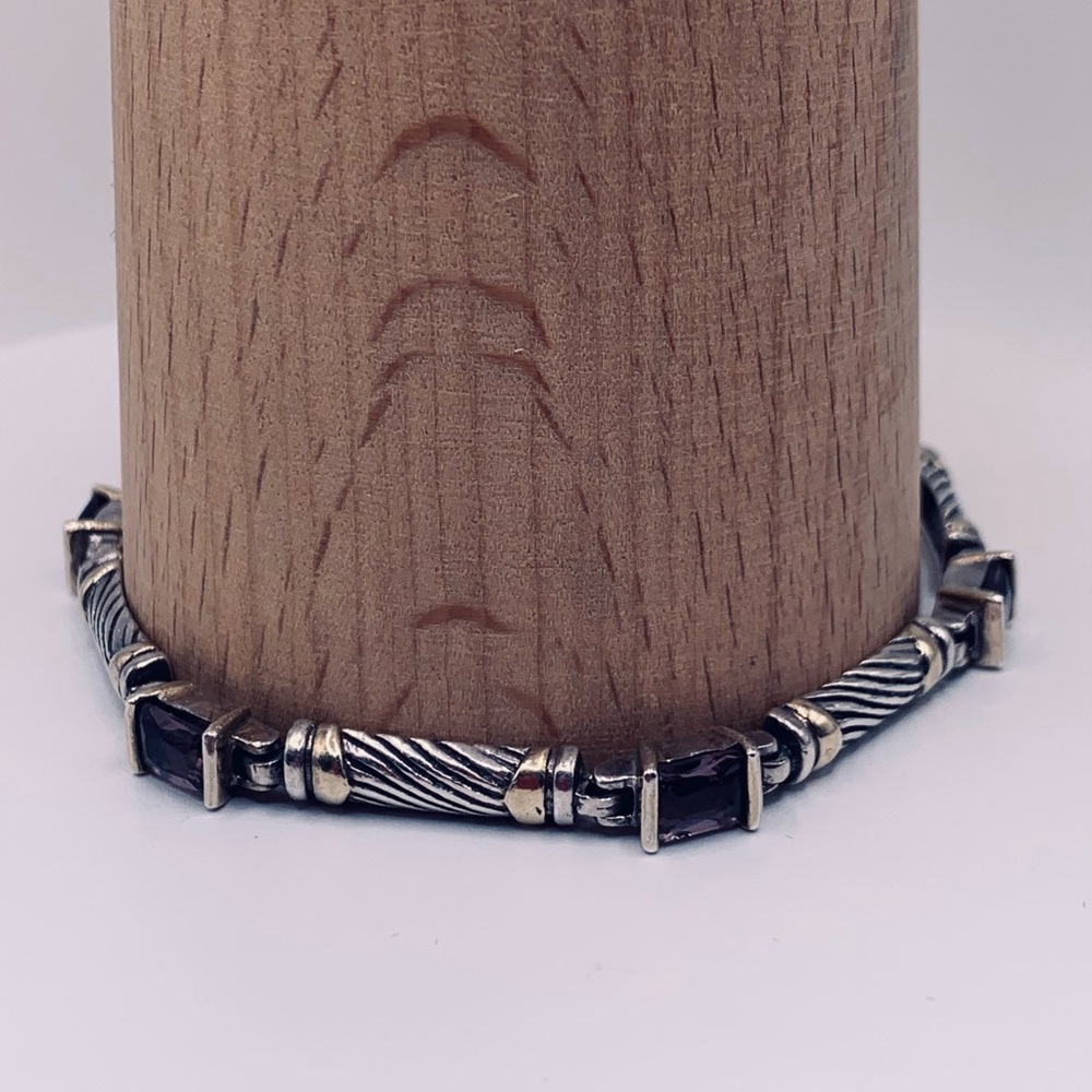 Bold Sterling Silver w/Faceted Emerald Cut Amethyst’s & Gold Accents Bracelet - Picture 2 of 16